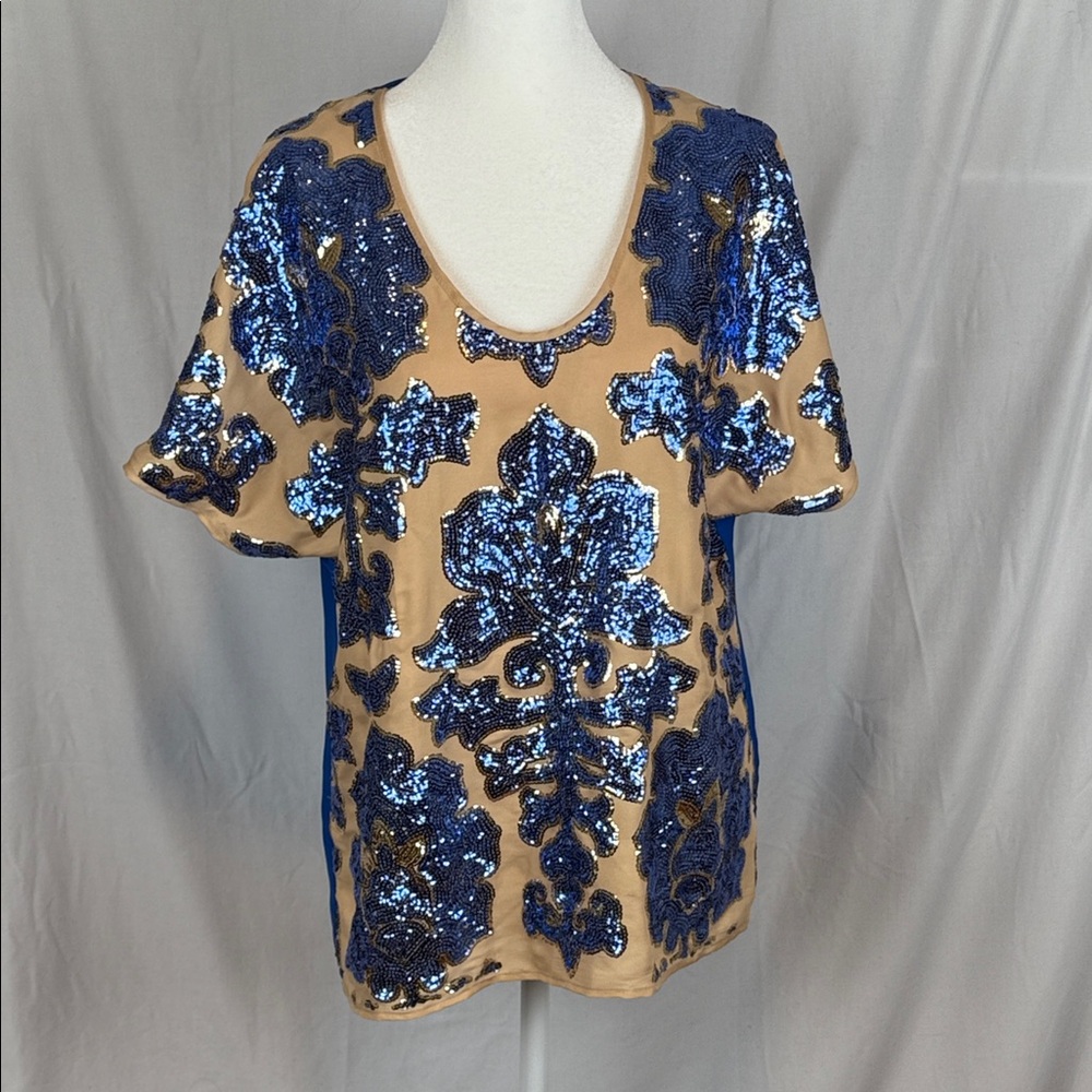 Neiman Marcus for Target Tracy Reese Blue and Tan Sequin Blouse Elegant Medium